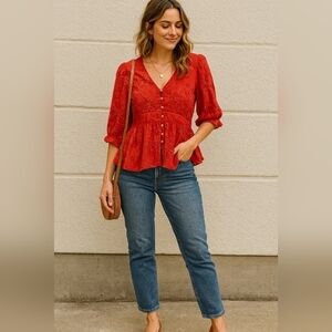 Figueroa & Flower Red Flowy Boho Blouse Size Small